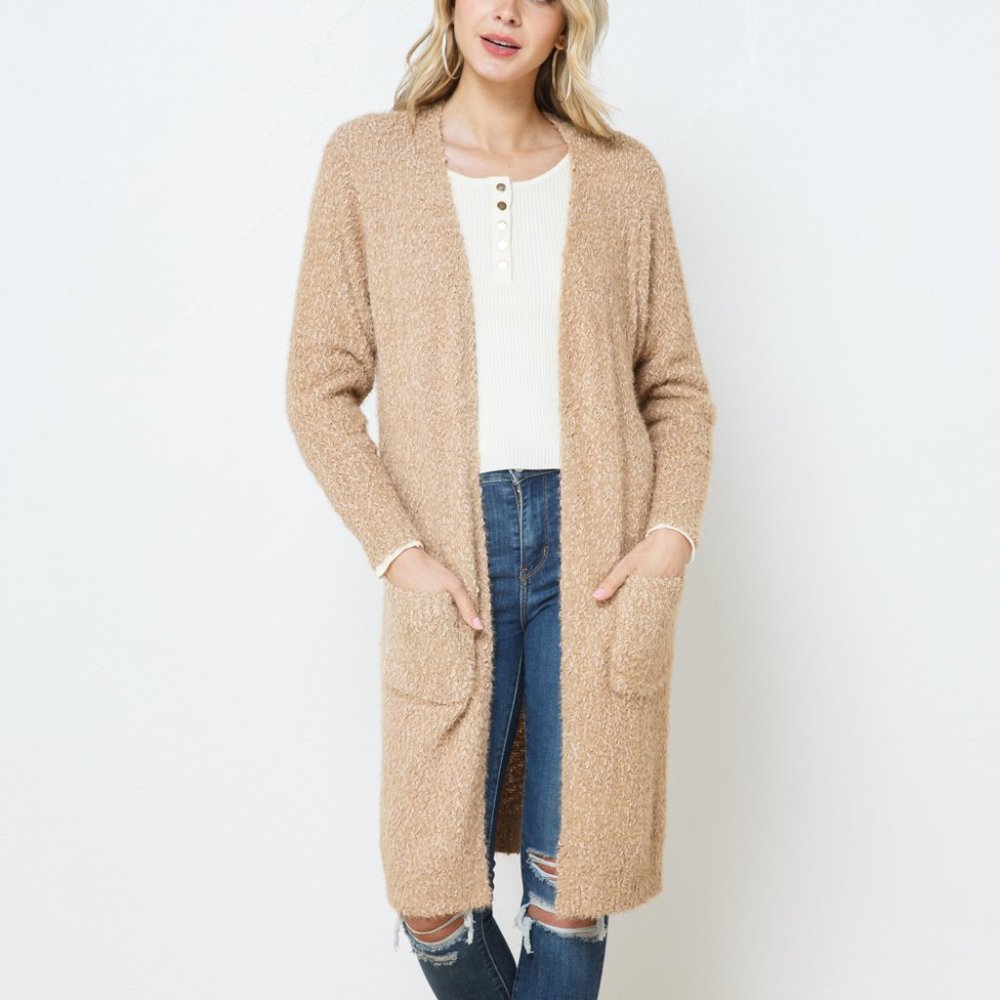 Soft Popcorn Eyelash Knit Open Cardigan with Pockets